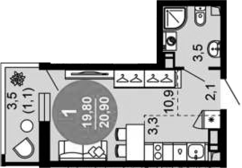 Студия, 19.8 м², 2/12 этаж, ЖК «Флора»