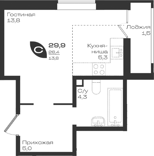 Студия, 28.4 м², 2/9 этаж, ЖК «Ботаника»