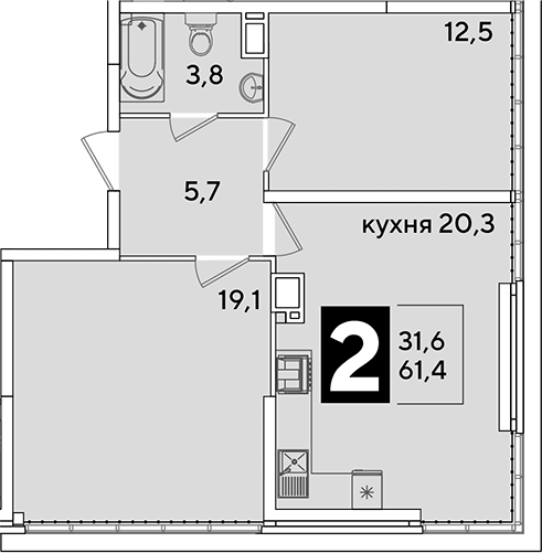 3-комн., 61.4 м², 16/16 этаж, ЖК «Самолет»
