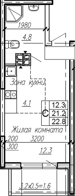 Студия, 21.2 м², 3/4 этаж, ЖК «Эво»