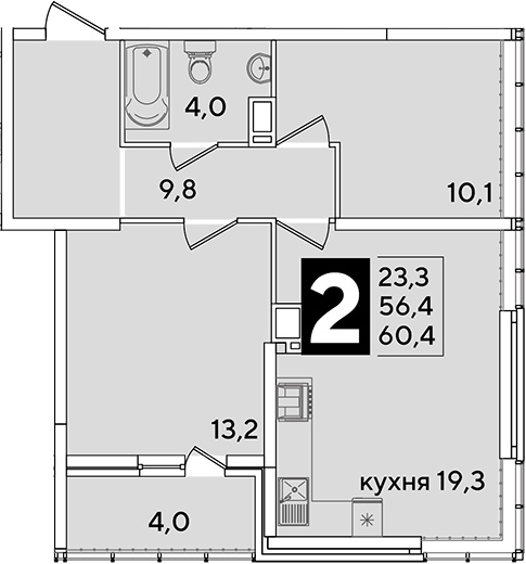 3-комн., 56.4 м², 15/16 этаж, ЖК «Самолет»