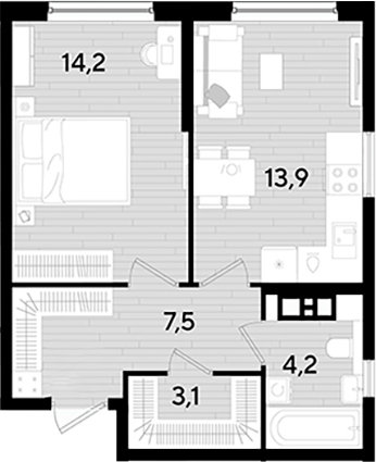 1-комн., 42.9 м², 3/16 этаж, ЖК «DОГМА ПАРК»