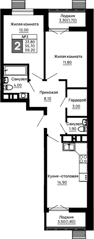 2-комн., 55.7 м², 14/16 этаж, ЖК «Традиции»