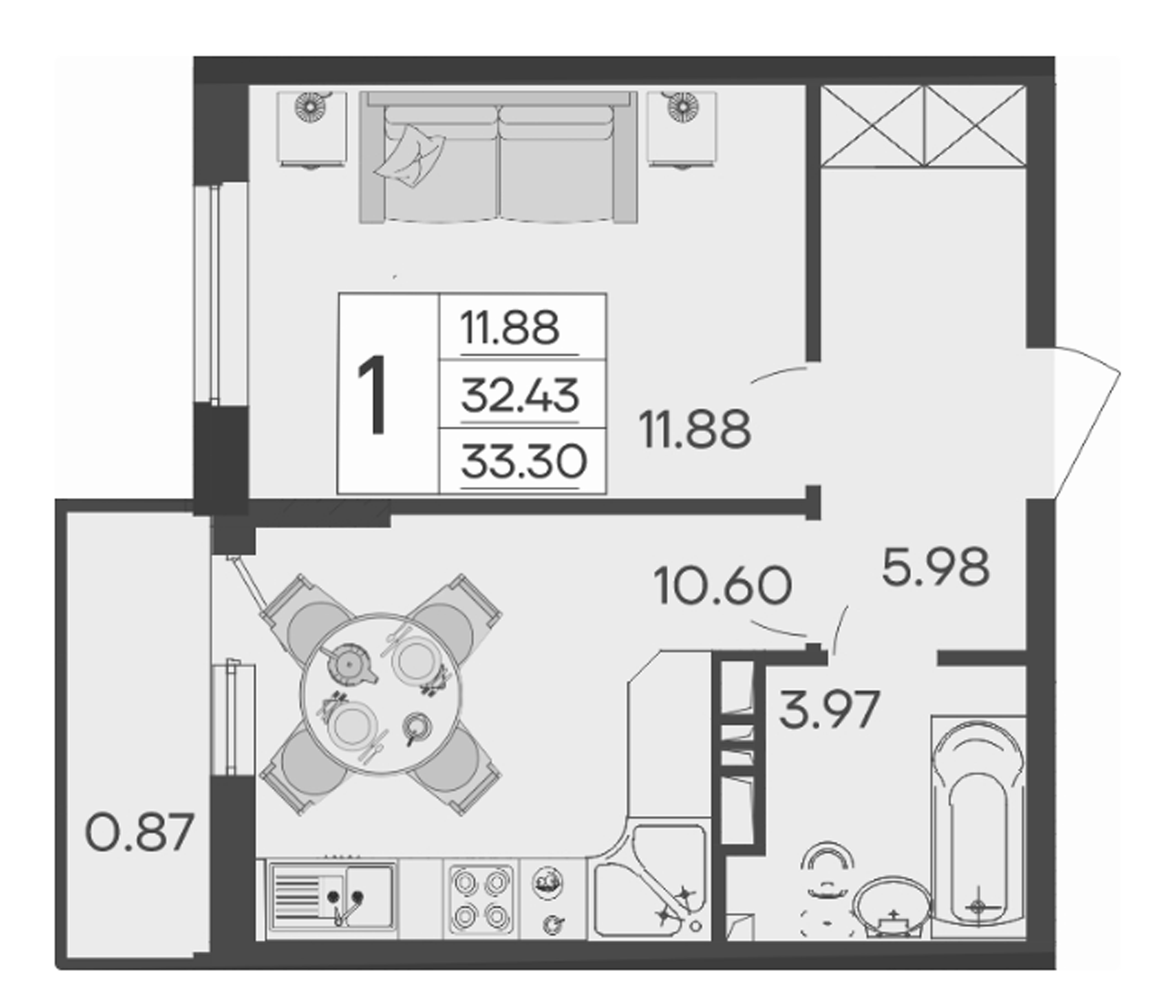 Продается 1-комн. квартира, 32.43 м²