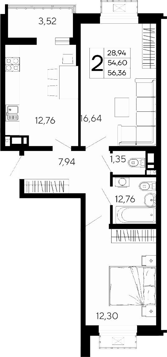 2-комн., 54.6 м², 8/16 этаж, ЖК «Эпос»