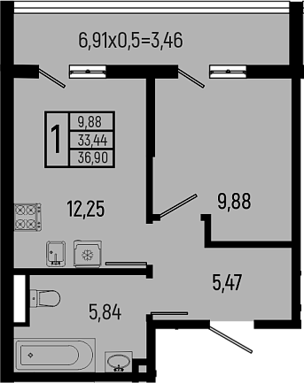 1-комн., 33.44 м², 4/9 этаж, ЖК «Ботаника Хиллс»