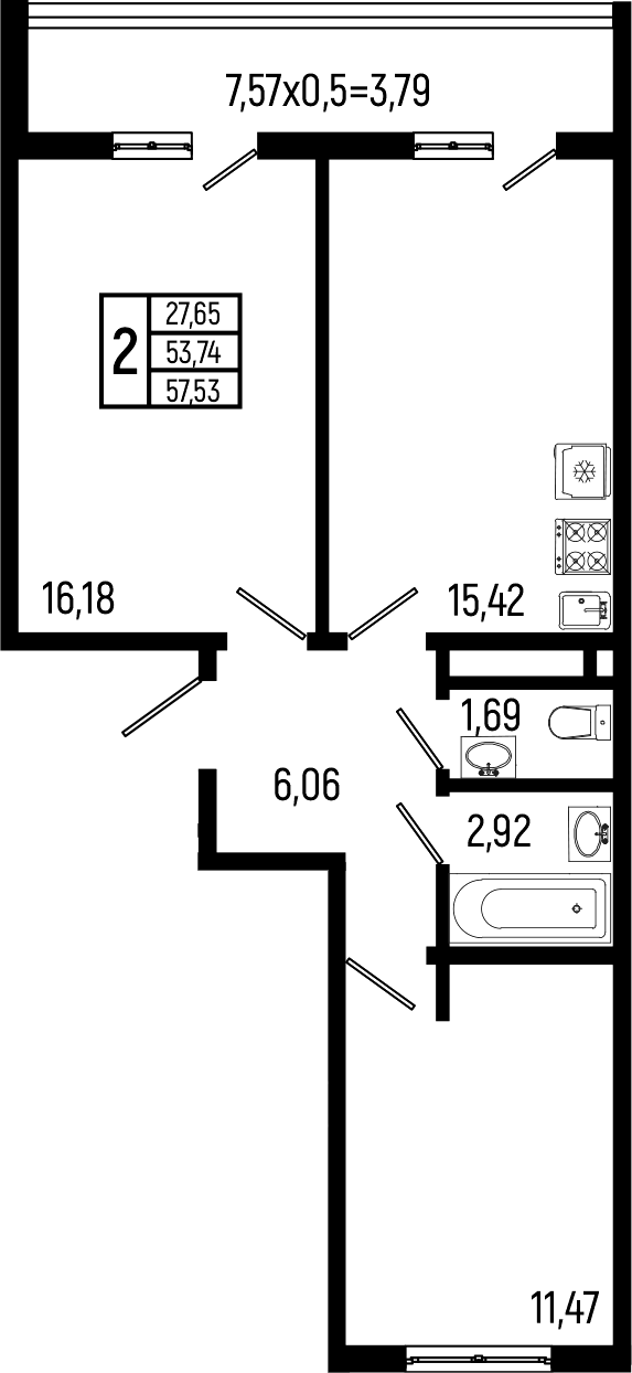 2-комн., 53.74 м², 3/9 этаж, ЖК «Ботаника Хиллс»