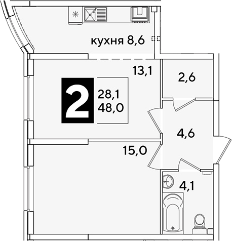 2-комн., 48 м², 2/16 этаж, ЖК «Самолет»