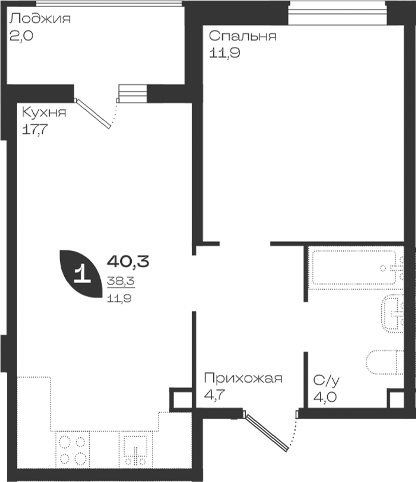 1-комн., 38.3 м², 2/18 этаж, ЖК «Ботаника»