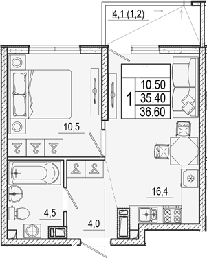 2-комн., 35.4 м², 7/17 этаж, ЖК «Лестория»