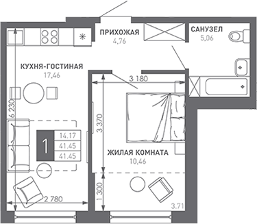 1-комн., 42.7 м², 8/9 этаж, ЖК «Иначе в Молодежном»