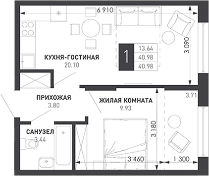 1-комн., 38.73 м², 2/9 этаж, ЖК «Иначе в Молодежном»