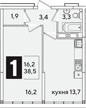 1-комн., 38.5 м², 16/16 этаж, ЖК «Самолет»