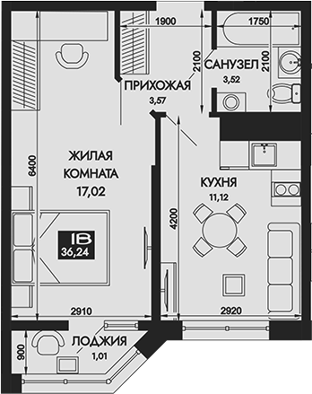 1-комн., 35.23 м², 5/12 этаж, ЖК «Вершины. ГК Смена»