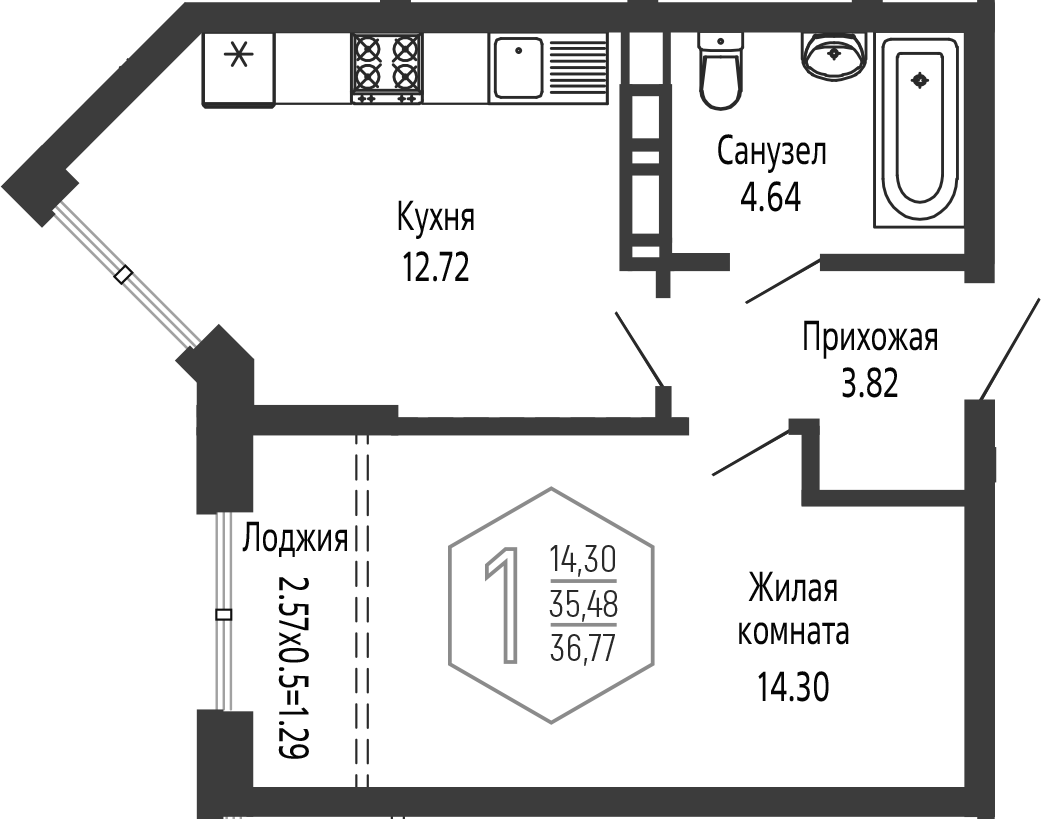 1-комн., 35.48 м², 16/16 этаж, ЖК «Гарантия PRIME»