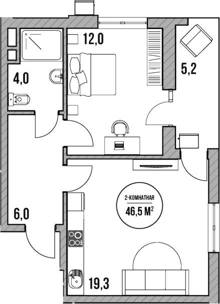 2-комн., 41.3 м², 2/5 этаж, ЖК «МореТут»