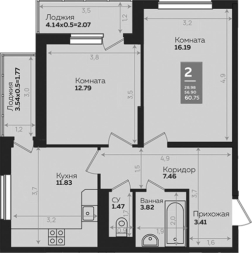 Продается 2-комн. квартира, 56.91 м²