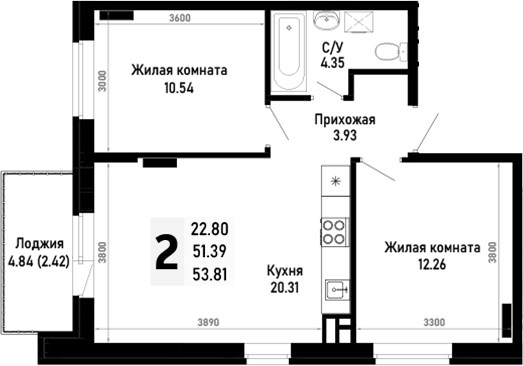 2-комн., 51.39 м², 2/4 этаж, ЖК «Усадьба Гостагаевская»