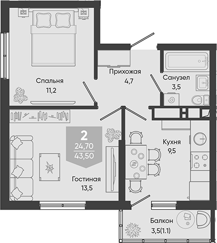 2-комн., 42.4 м², 24/24 этаж, ЖК «Облака»