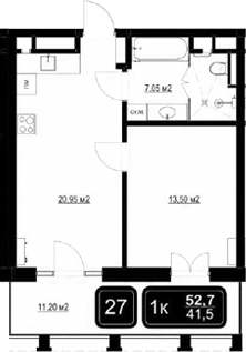 2-комн., 41.5 м², 2/9 этаж, ЖК «ГК Кайрос»