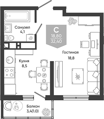 1-комн. Облака