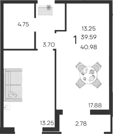 1-комн., 39.59 м², 2/9 этаж, ЖК «Дом 101»