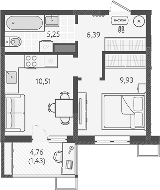 1-комн., 31.38 м², 5/9 этаж, ЖК «Теплые края»