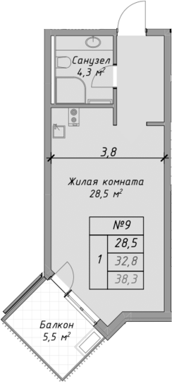 Студия, 32.8 м², 1/4 этаж, ЖК «Оазис Азова»