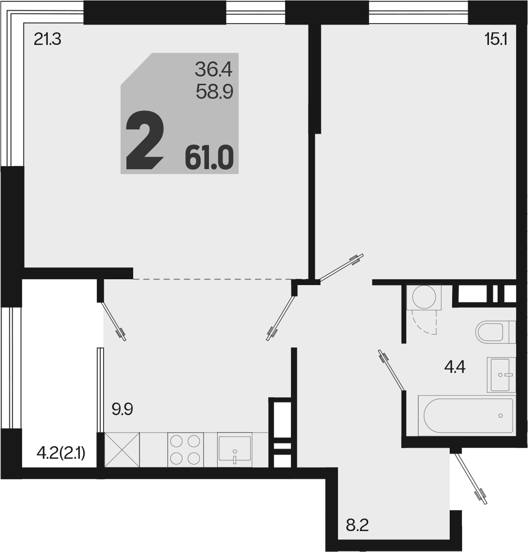 2-комн., 58.9 м², 14/18 этаж, ЖК «Первое место»