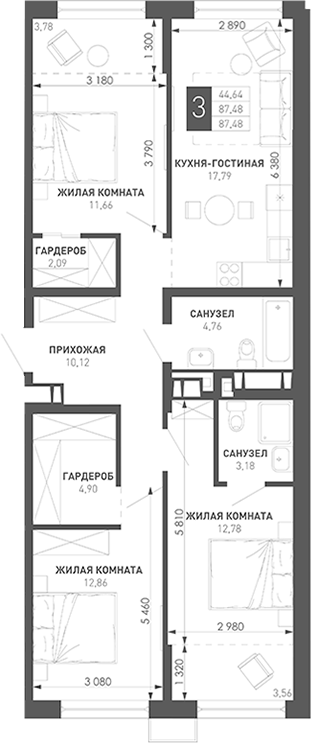 3-комн. Иначе в Молодежном