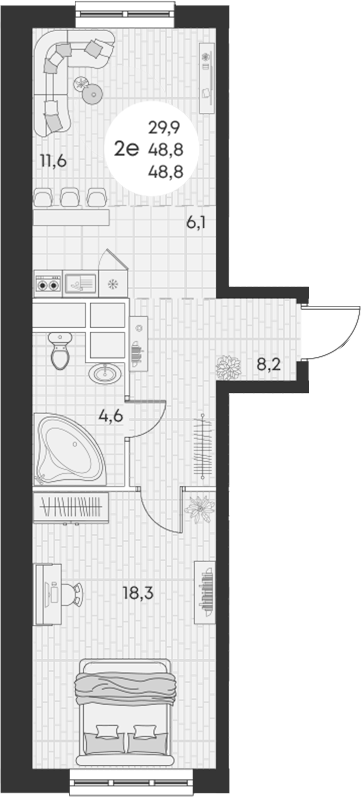 2-комн., 48.8 м², 10/17 этаж, ЖК «Грин Эппл»