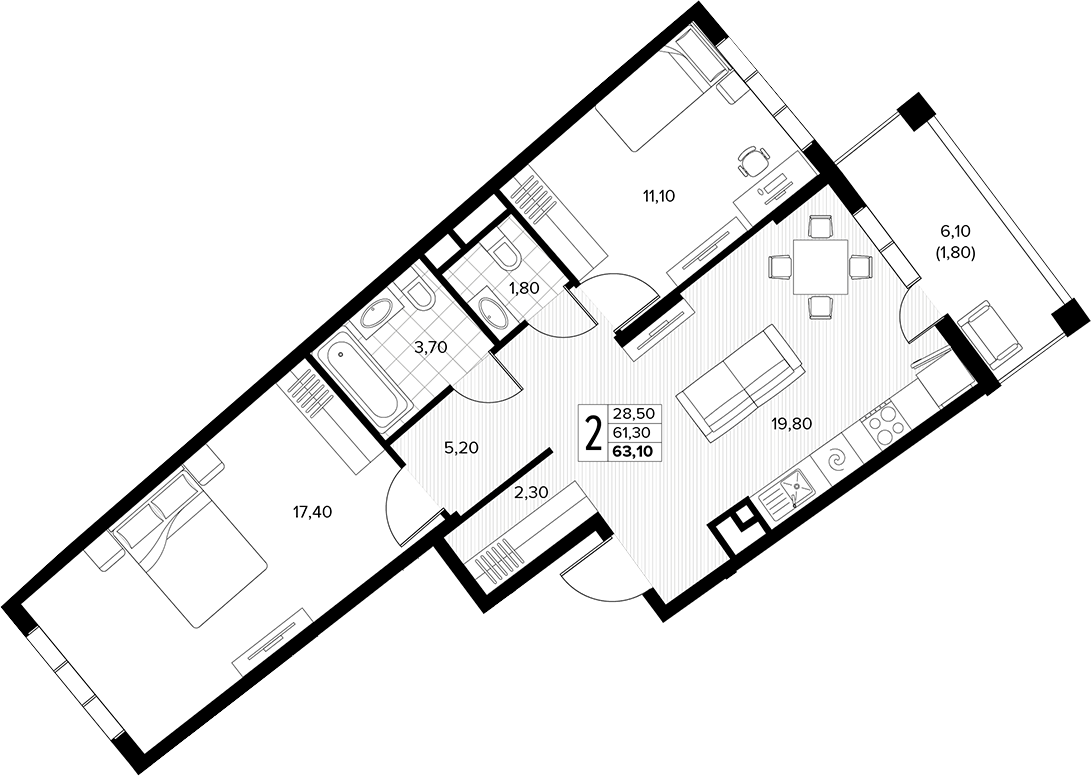 2-комн., 61.3 м², 3/8 этаж, ЖК «Кипарис»