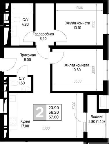 2-комн., 56.2 м², 6/9 этаж, ЖК «На высоком берегу»