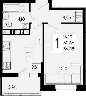 1-комн., 32.66 м², 9/16 этаж, ЖК «Эпос»