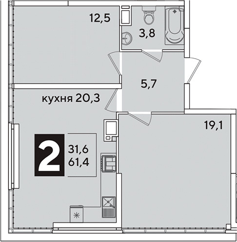 3-комн., 61.4 м², 16/16 этаж, ЖК «Самолет»