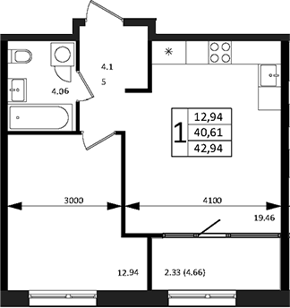 2-комн., 40.61 м², 5/12 этаж, ЖК «Патрики»