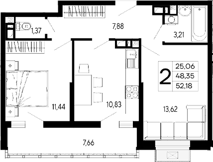2-комн., 48.35 м², 16/16 этаж, ЖК «Эпос»