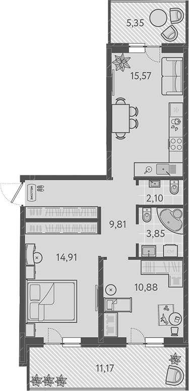 3-комн., 56.06 м², 1/9 этаж, ЖК «Теплые края»