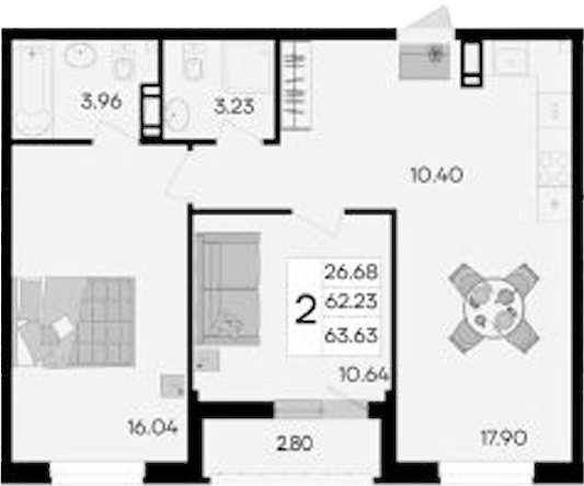2-комн., 62.23 м², 3/9 этаж, ЖК «Дом 101»