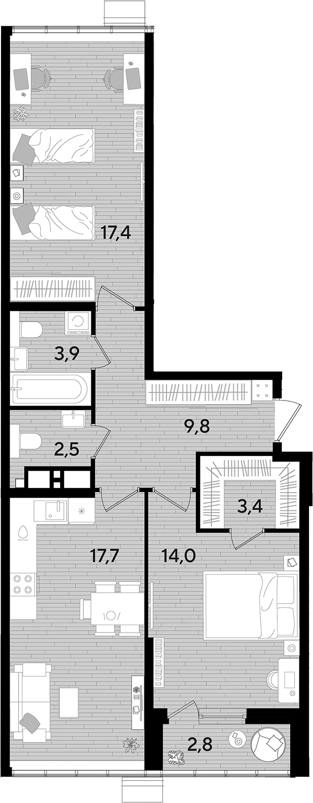 2-комн., 68.7 м², 15/16 этаж, ЖК «DОГМА ПАРК»