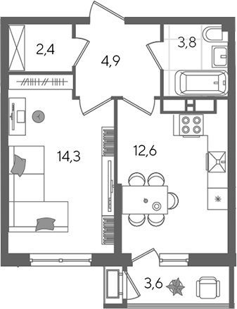 1-комн., 41 м², 22/24 этаж, ЖК «Рекорд»