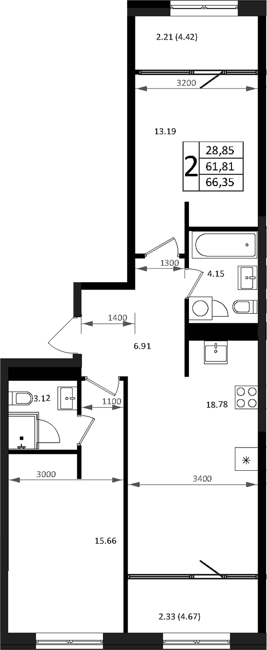 3-комн., 66.35 м², 13/16 этаж, ЖК «Патрики»