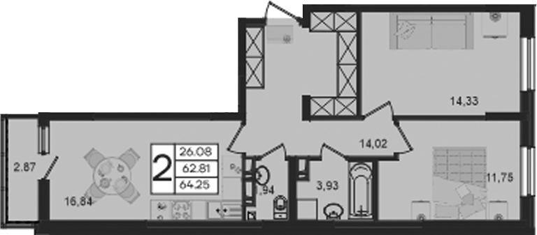 Продается 2-комн. квартира, 62.81 м²