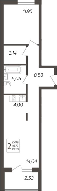 2-комн., 46.77 м², 1/19 этаж, ЖК «Кислород»