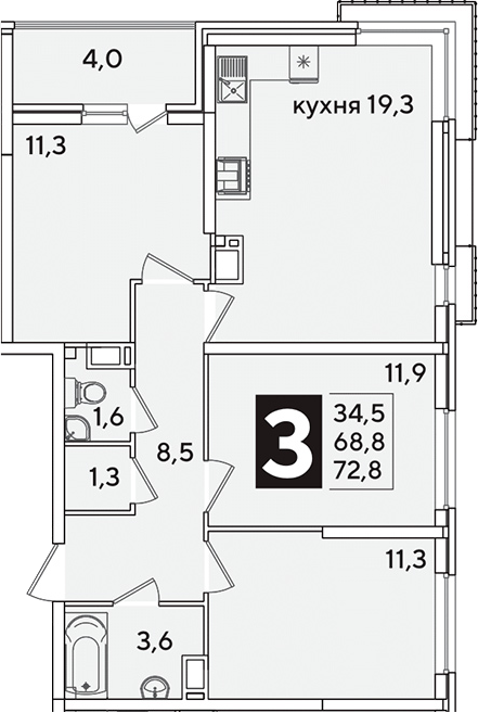 4+ комнаты, 68.8 м², 14/16 этаж, ЖК «Самолет»