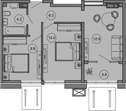 2-комн., 46.3 м², 2/10 этаж, ЖК «Гостиничный комплекс GREENMONT»