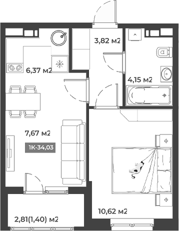 1-комн., 32.63 м², 1/5 этаж, ЖК «Соловей»