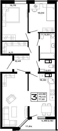 3-комн., 75.43 м², 9/16 этаж, ЖК «Горные высоты»