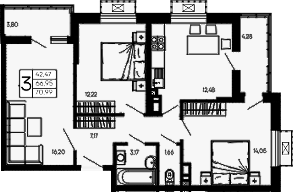 3-комн., 66.95 м², 5/14 этаж, ЖК «Эпос»
