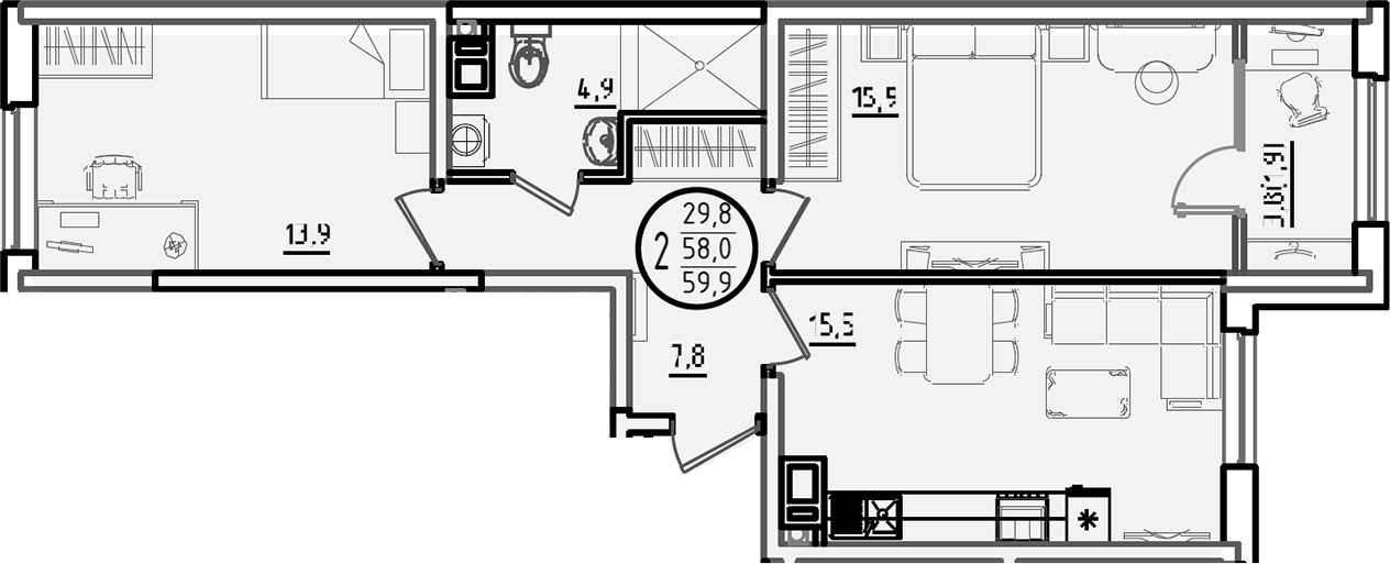 2-комн., 58 м², 6/9 этаж, ЖК «Первое место»